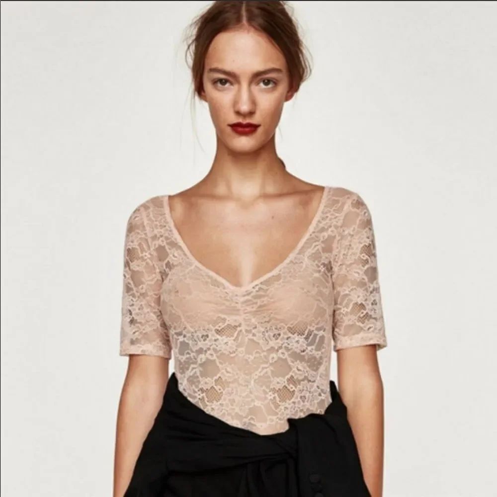 ZARA | Lace Short Sleeve Bodysuit Blush Peach Ruched Detail Women’s Size Small